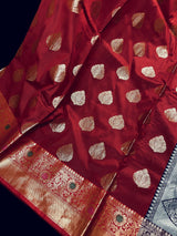 Statement Handmade Deep Red Color Banarasi Semi Katan Silk Saree