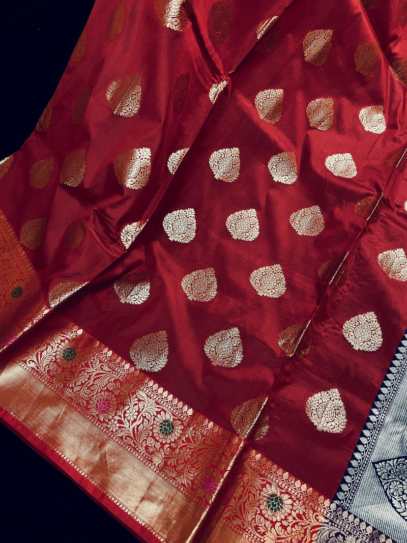 Statement Handmade Deep Red Color Banarasi Semi Katan Silk Saree