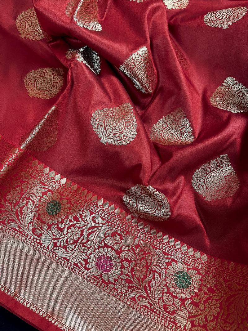 Statement Handmade Deep Red Color Banarasi Semi Katan Silk Saree