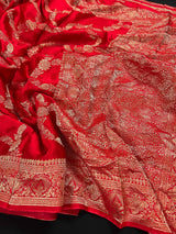 Statement Bright Red Color Pure Banarasi Satin Silk Saree with Handwoven Gold Zari Weaved Saree - Silk Mark Certified