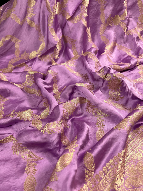 Statement Lilac Color Pure Banarasi Satin Silk Saree with Handwoven Gold Zari Weaved Saree - Silk Mark Certified