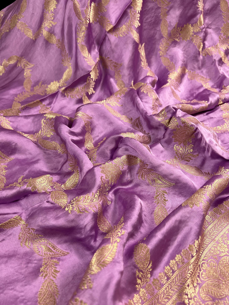 Statement Lilac Color Pure Banarasi Satin Silk Saree with Handwoven Gold Zari Weaved Saree - Silk Mark Certified