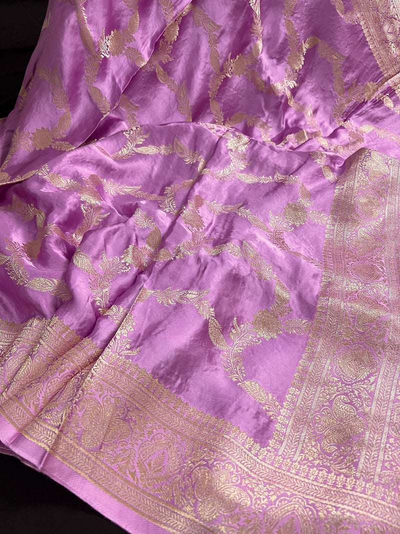 Statement Lilac Color Pure Banarasi Satin Silk Saree with Handwoven Gold Zari Weaved Saree - Silk Mark Certified