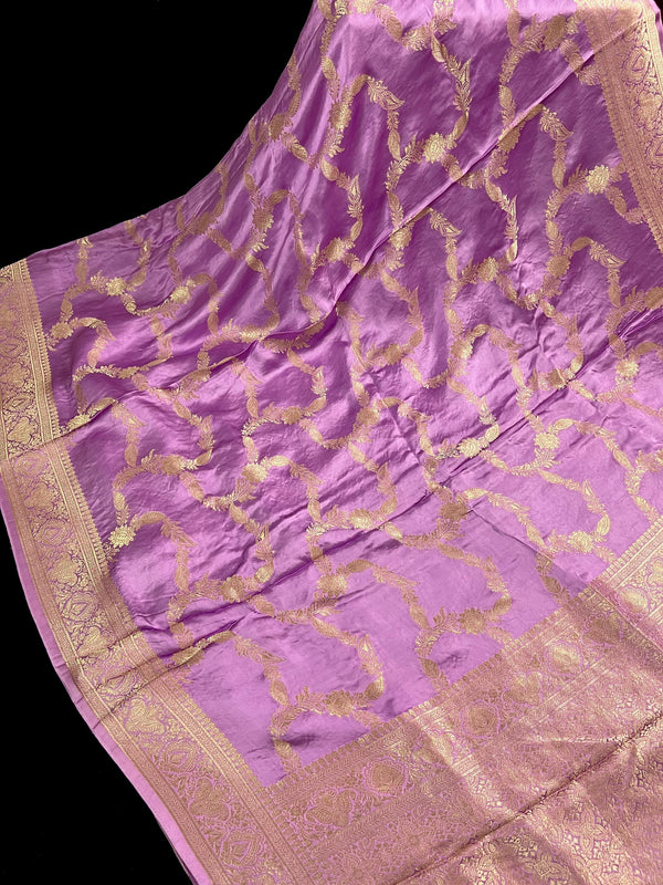 Statement Lilac Color Pure Banarasi Satin Silk Saree with Handwoven Gold Zari Weaved Saree - Silk Mark Certified