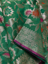 Green Semi Silk Saree with Floral Jaal and Meenakari Weaving with Brocade Blouse - Banarasi Sarees - Gift for Her