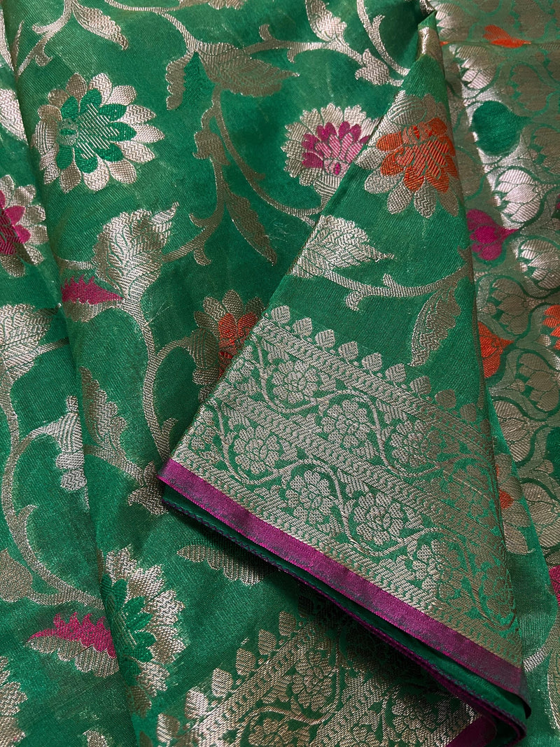 Green Semi Silk Saree with Floral Jaal and Meenakari Weaving with Brocade Blouse - Banarasi Sarees - Gift for Her