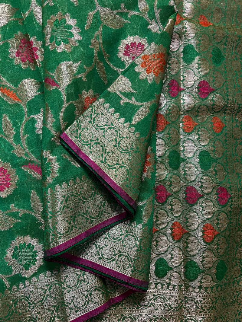 Green Semi Silk Saree with Floral Jaal and Meenakari Weaving with Brocade Blouse - Banarasi Sarees - Gift for Her