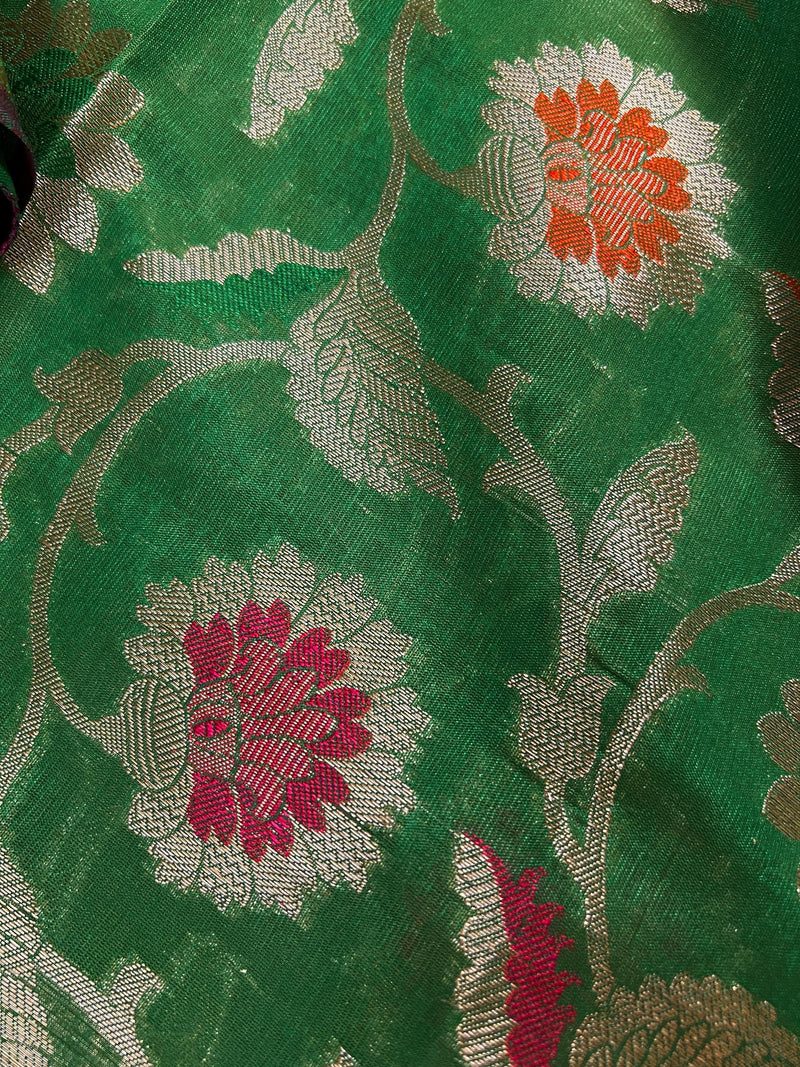 Green Semi Silk Saree with Floral Jaal and Meenakari Weaving with Brocade Blouse - Banarasi Sarees - Gift for Her