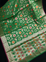 Green Semi Silk Saree with Floral Jaal and Meenakari Weaving with Brocade Blouse - Banarasi Sarees - Gift for Her