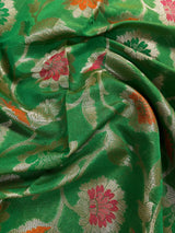 Green Semi Silk Saree with Floral Jaal and Meenakari Weaving with Brocade Blouse - Banarasi Sarees - Gift for Her