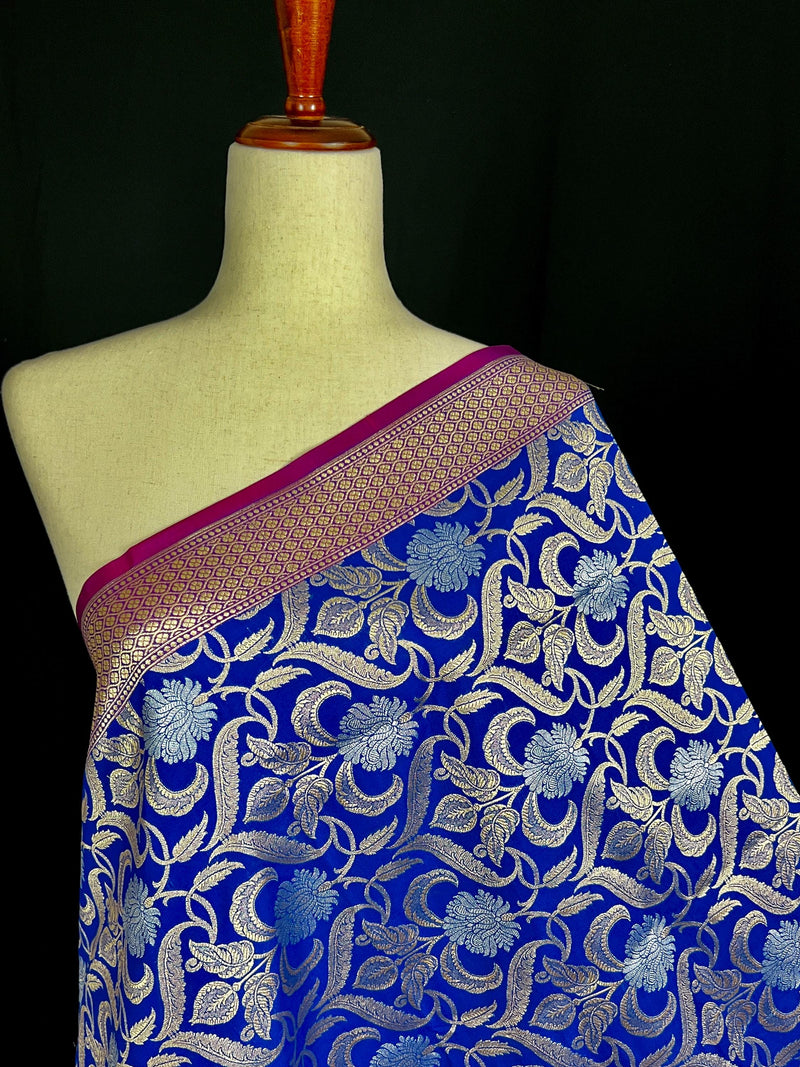 Blue Color Floral Jaal Banarasi Silk Dupatta | Gold and Sliver Zari Weave | Floral Dupatta | Benarasi Dupatta