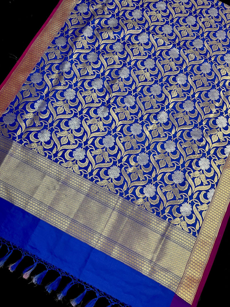 Blue Color Floral Jaal Banarasi Silk Dupatta | Gold and Sliver Zari Weave | Floral Dupatta | Benarasi Dupatta