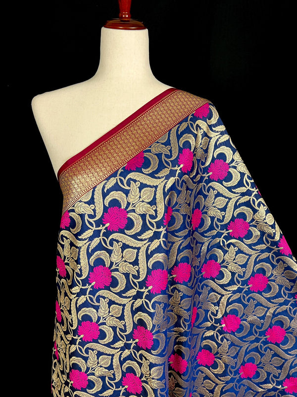 Navy Blue Color Dupatta with Floral Jaal - Banarasi Silk Dupatta - Pink Color Meenakari Flower -  Floral Dupatta - Benarasi Dupatta