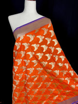 Orange Color Dupatta with Pair of Peacocks - Benarasi Silk Dupatta