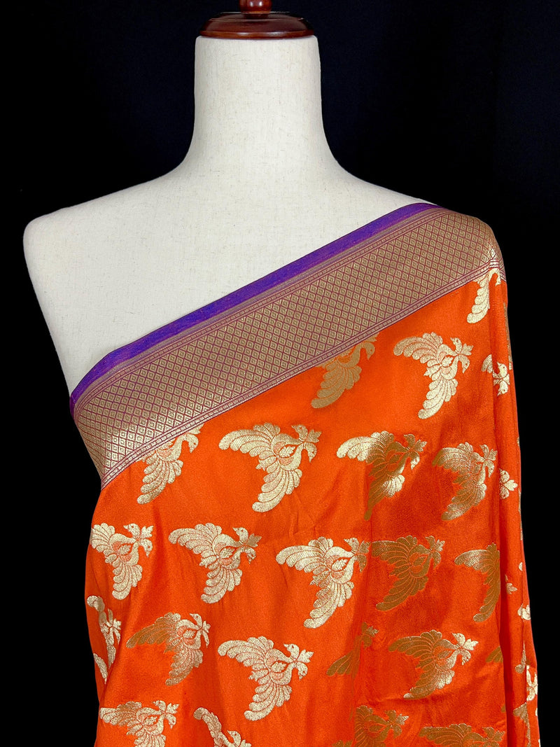 Orange Color Dupatta with Pair of Peacocks - Benarasi Silk Dupatta