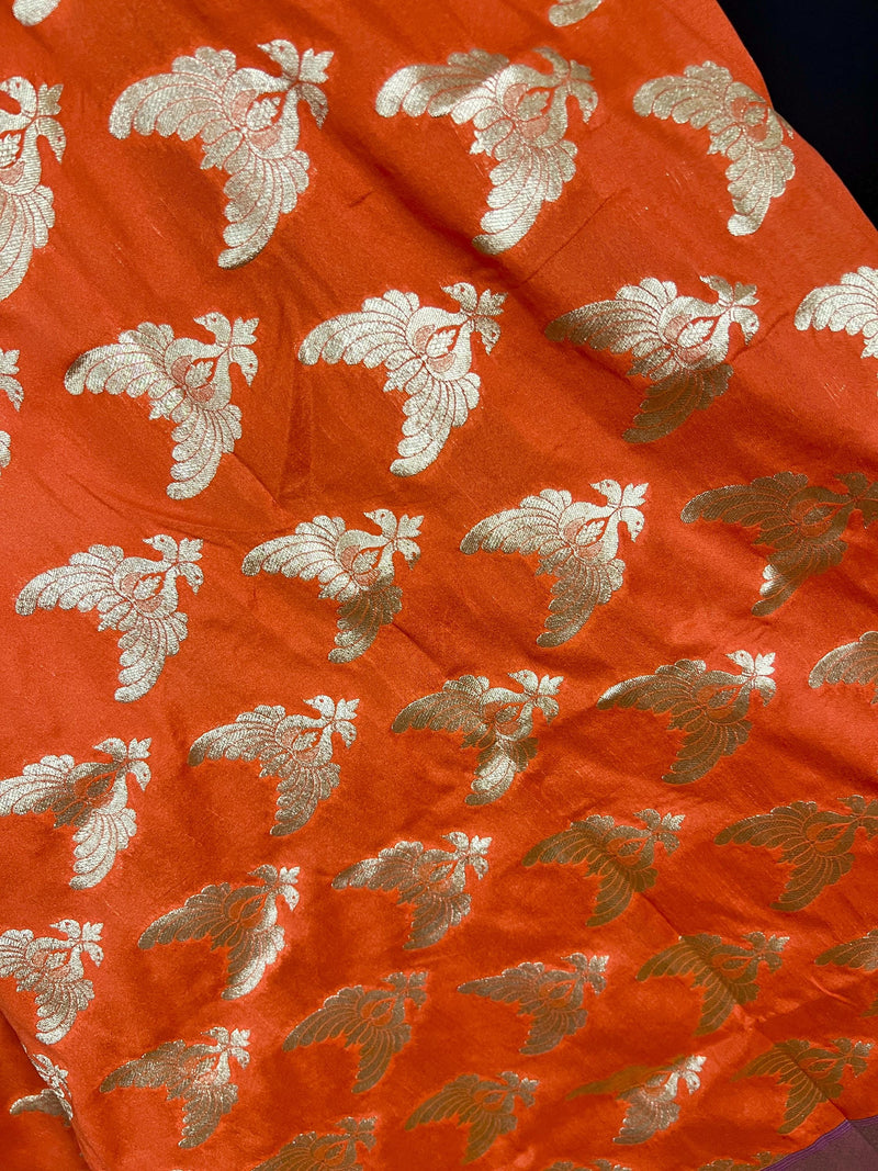 Orange Color Dupatta with Pair of Peacocks - Benarasi Silk Dupatta