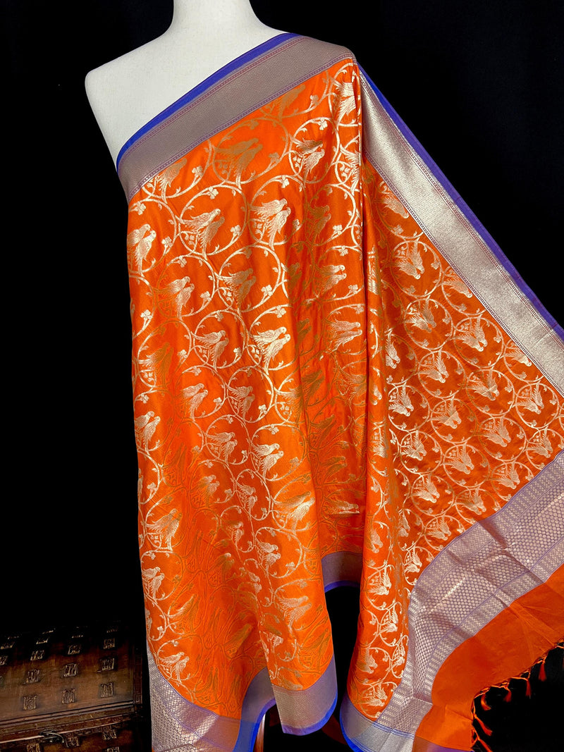 Orange Color Dupatta with Pair of Parrots  - Benarasi Silk Dupatta