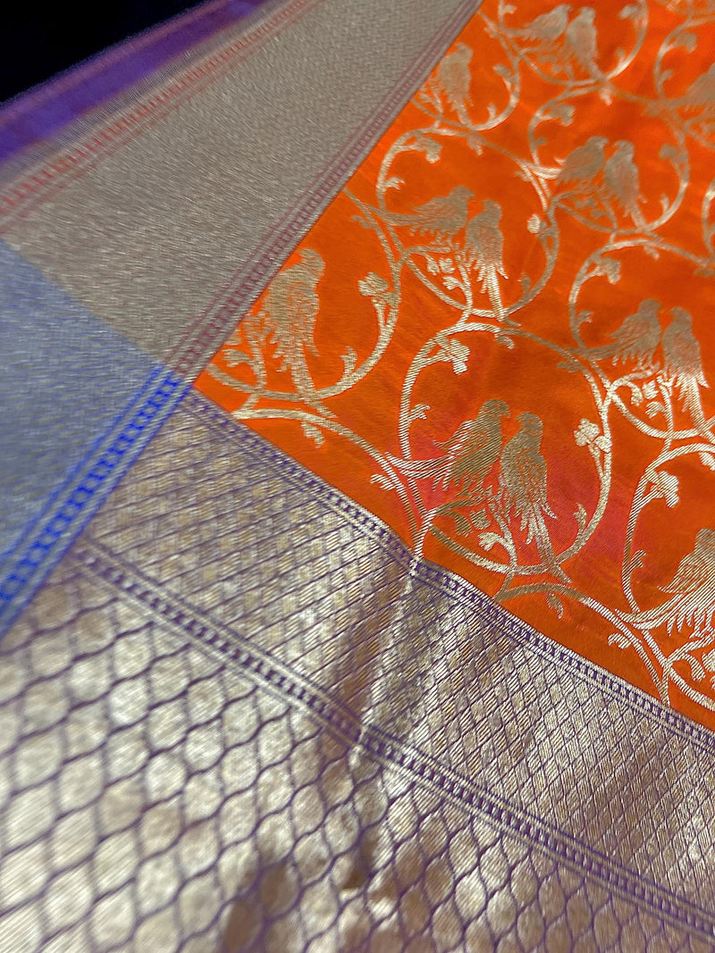 Orange Color Dupatta with Pair of Parrots  - Benarasi Silk Dupatta