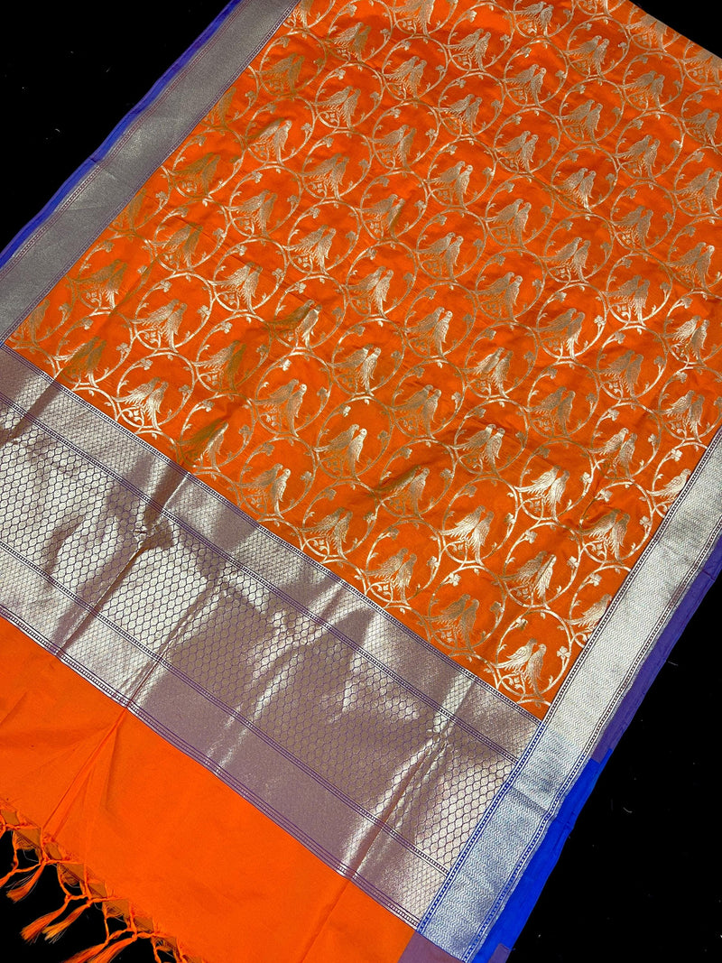 Orange Color Dupatta with Pair of Parrots  - Benarasi Silk Dupatta