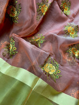 Handmade Onion Pink Color Banarasi Kora Organza Saree - Flower Bunch Embroidery