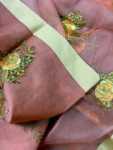 Handmade Onion Pink Color Banarasi Kora Organza Saree - Flower Bunch Embroidery