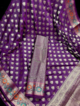 Purple Saree with Eggplant tone Soft Silk Saree with Paithani Style Borders - Muted Gold Buttis