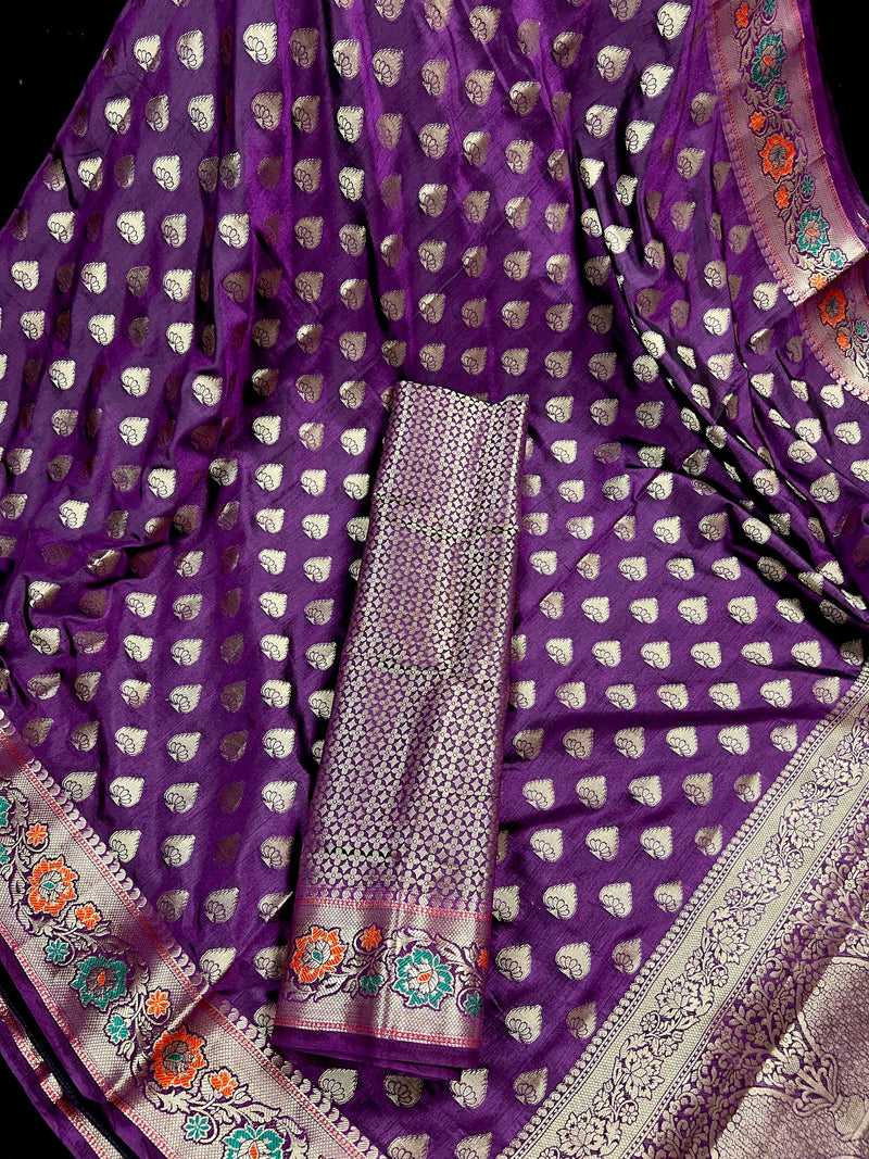 Purple Saree with Eggplant tone Soft Silk Saree with Paithani Style Borders - Muted Gold Buttis