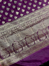 Purple Saree with Eggplant tone Soft Silk Saree with Paithani Style Borders - Muted Gold Buttis