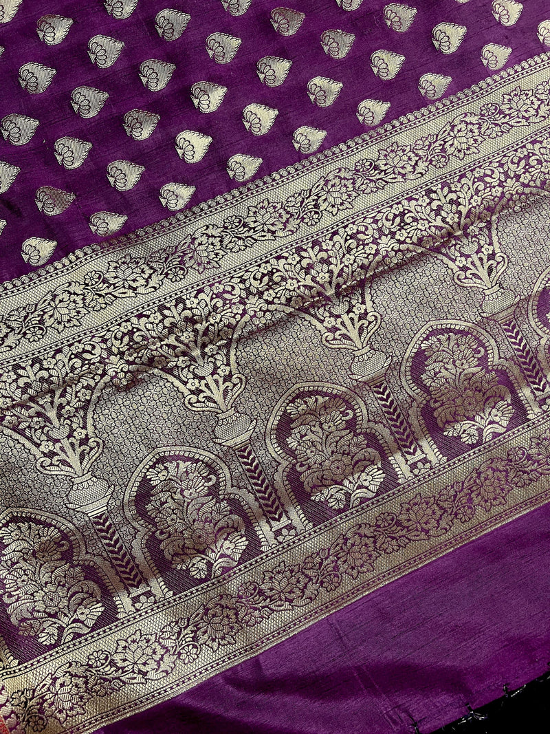 Purple Saree with Eggplant tone Soft Silk Saree with Paithani Style Borders - Muted Gold Buttis