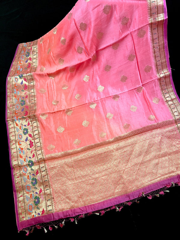 Ombre Pure Banarasi Dupion Silk Saree with Paithani Muniya Borders - Handwoven Saree - SILK MARK CERTIFIED