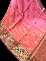 Ombre Pure Banarasi Dupion Silk Saree with Paithani Muniya Borders - Handwoven Saree - SILK MARK CERTIFIED