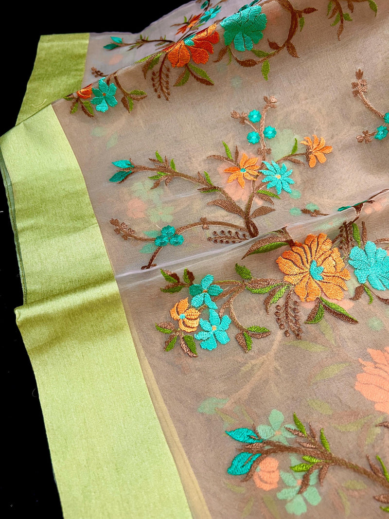 Handmade Embroidery Beige Color Banarasi Kora Organza Saree with Raw Silk Patta on the Border