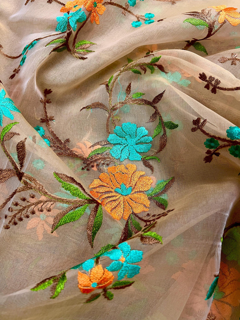 Handmade Embroidery Beige Color Banarasi Kora Organza Saree with Raw Silk Patta on the Border