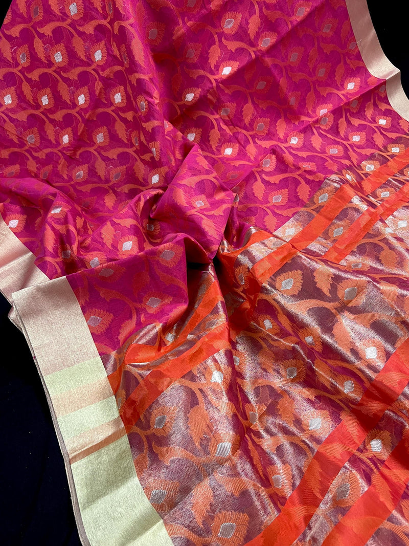 Pink Color Jamdani Soft Cotton Silk  Saree -  Jamdani Saree - Floral Jaal Sarees