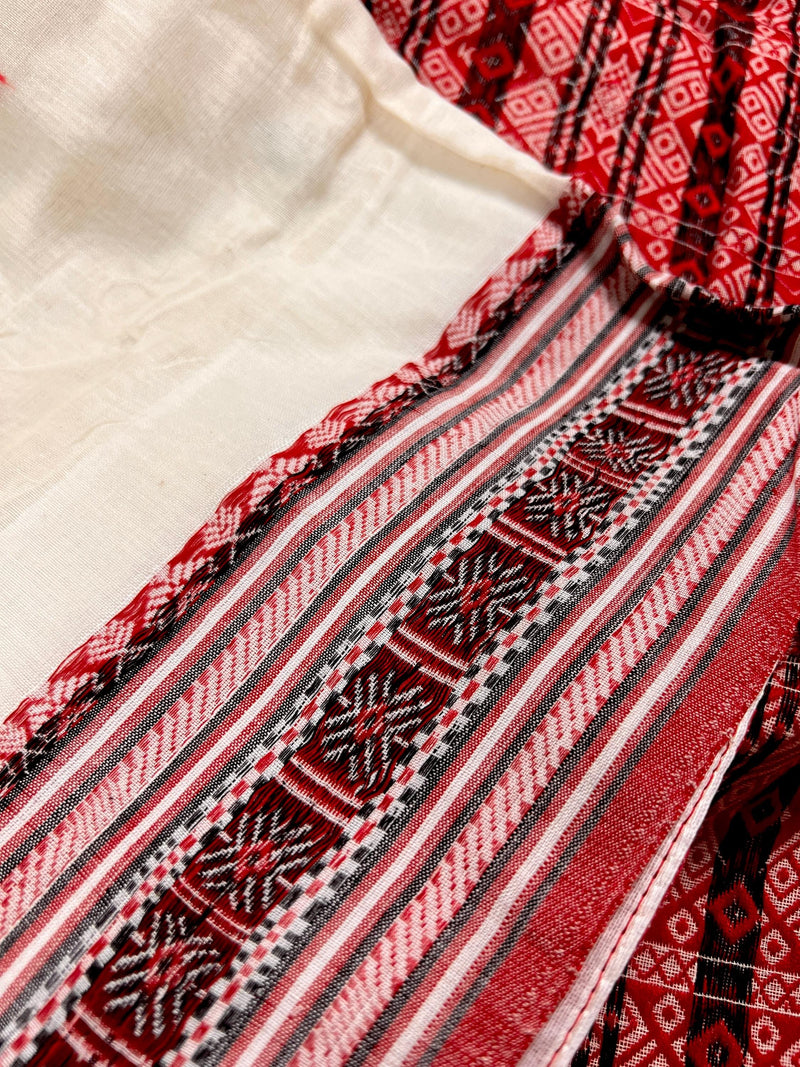 Handwoven Ivory and Red Color Pure Bengal Soft Cotton Saree - Handloom Pure Cotton Saree