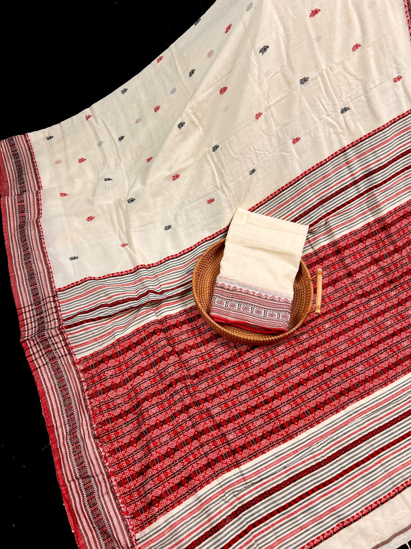 Handwoven Ivory and Red Color Pure Bengal Soft Cotton Saree - Handloom Pure Cotton Saree