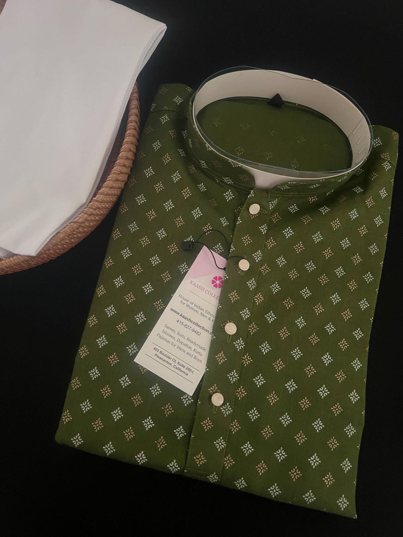 Mehandi Green Color Premium Pure Cotton Mens Kurta Pajama Set with small Self design Butti | Cotton Mens  Kurtas | Father Son Kurta Set