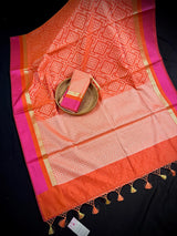 Handmade Orange Color Saree -  Banarasi Handloom Cotton Silk Saree - Resham Weave