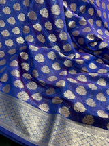 Blue Color Banarasi Cotton Silk Saree with tint of Purple - Koniya Design - Muted Sliver Zari Weave - Banarasi Silk Sarees