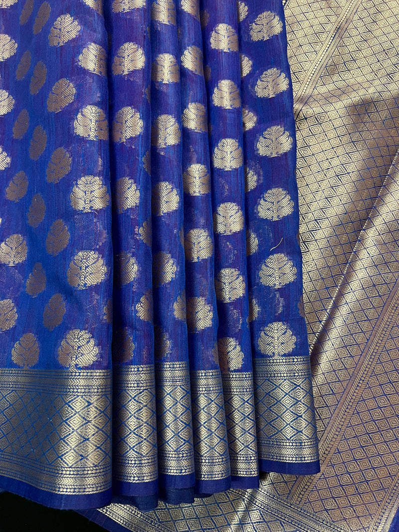 Blue Color Banarasi Cotton Silk Saree with tint of Purple - Koniya Design - Muted Sliver Zari Weave - Banarasi Silk Sarees