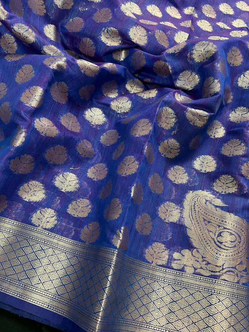 Blue Color Banarasi Cotton Silk Saree with tint of Purple - Koniya Design - Muted Sliver Zari Weave - Banarasi Silk Sarees