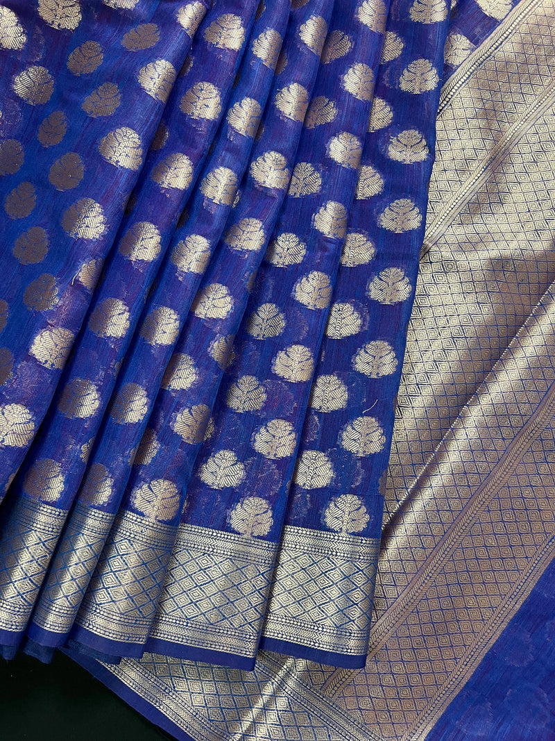 Blue Color Banarasi Cotton Silk Saree with tint of Purple - Koniya Design - Muted Sliver Zari Weave - Banarasi Silk Sarees