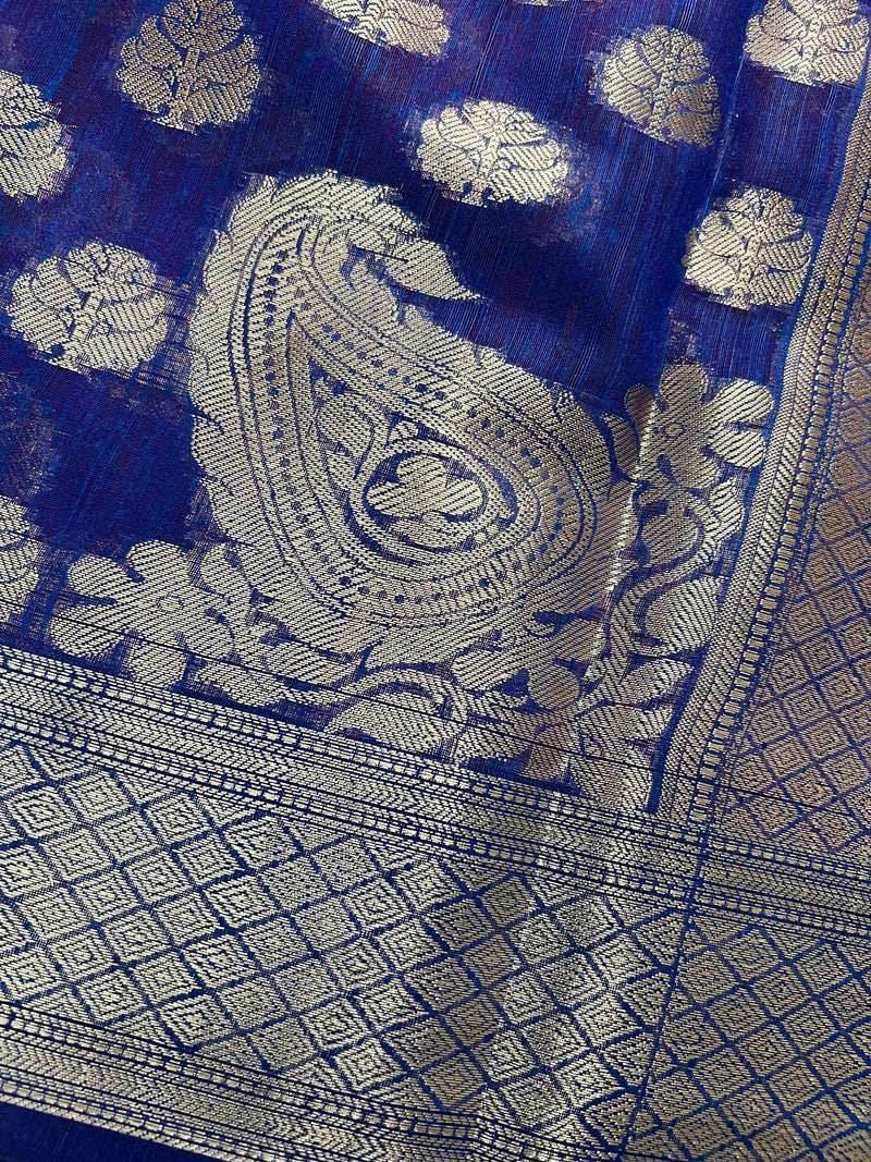 Blue Color Banarasi Cotton Silk Saree with tint of Purple - Koniya Design - Muted Sliver Zari Weave - Banarasi Silk Sarees