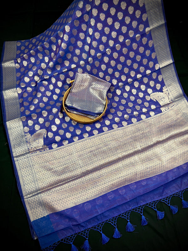 Blue Color Banarasi Cotton Silk Saree with tint of Purple - Koniya Design - Muted Sliver Zari Weave - Banarasi Silk Sarees