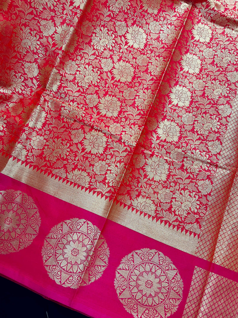 Statement Bright Pink Banarasi Soft Silk Saree - Floral Jaal Weave in Gold Zari