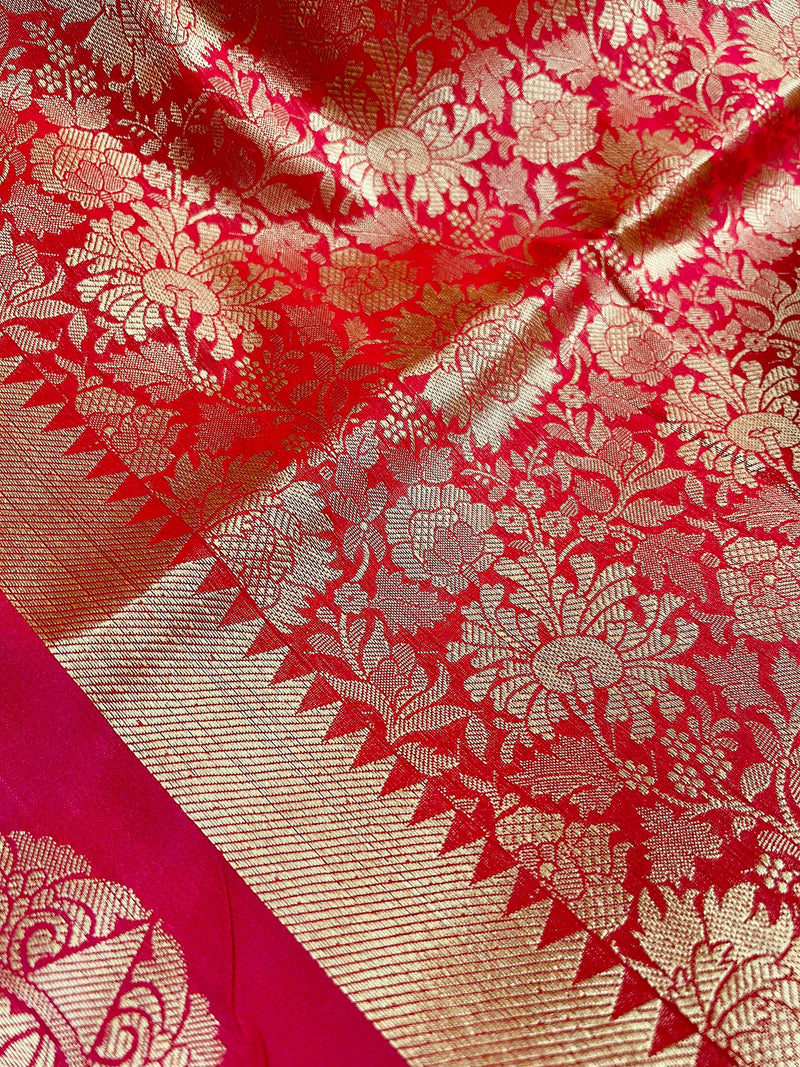 Statement Bright Pink Banarasi Soft Silk Saree - Floral Jaal Weave in Gold Zari