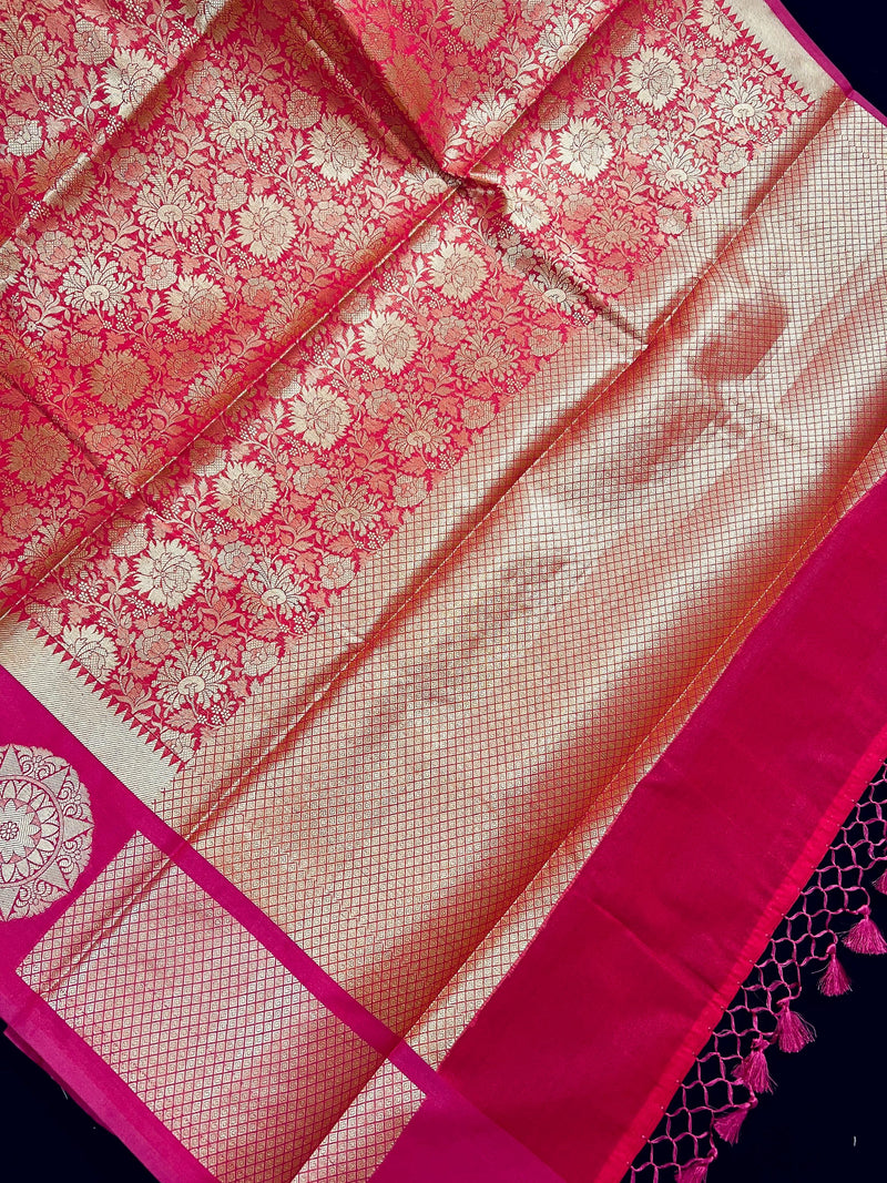 Statement Bright Pink Banarasi Soft Silk Saree - Floral Jaal Weave in Gold Zari