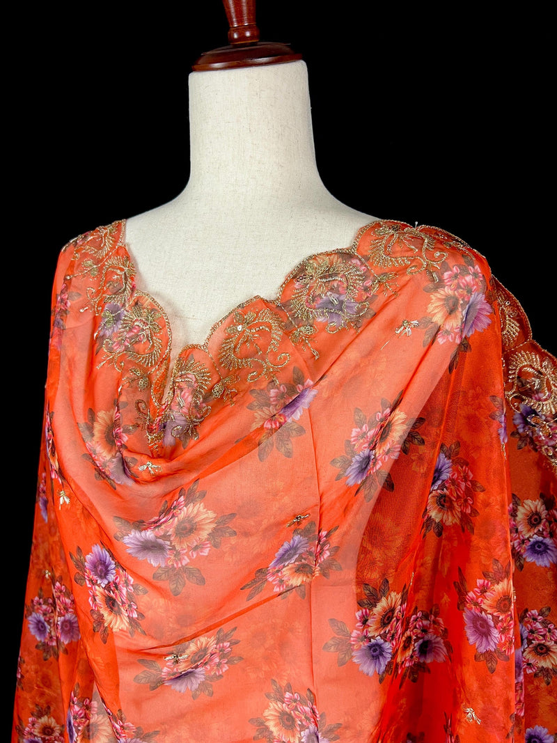 Orange Color Soft Organza Dupatta with Embroidery, Sequin and Zari with Floral Digital Prints