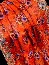 Orange Color Soft Organza Dupatta with Embroidery, Sequin and Zari with Floral Digital Prints