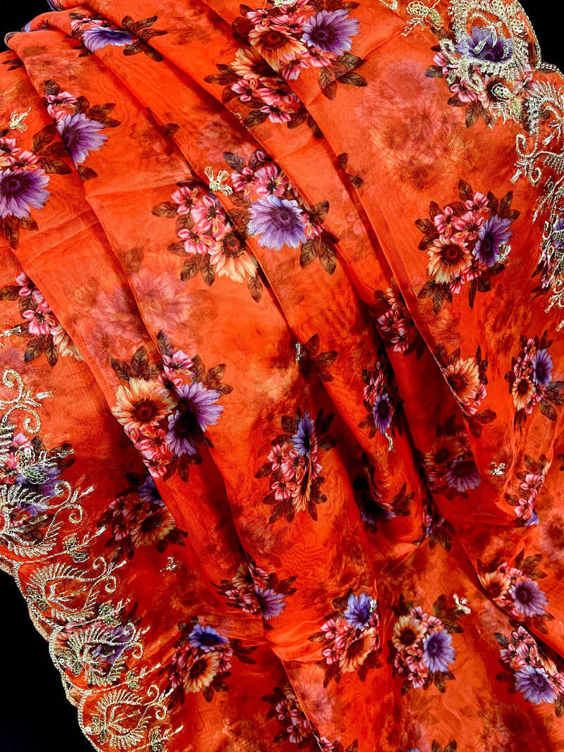 Orange Color Soft Organza Dupatta with Embroidery, Sequin and Zari with Floral Digital Prints